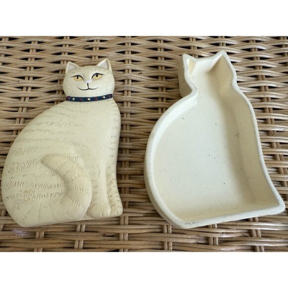 Vintage 80s Bisque Ceramic Set Yellow Cat Figurine and Trinket Box - Picture 12 of 14
